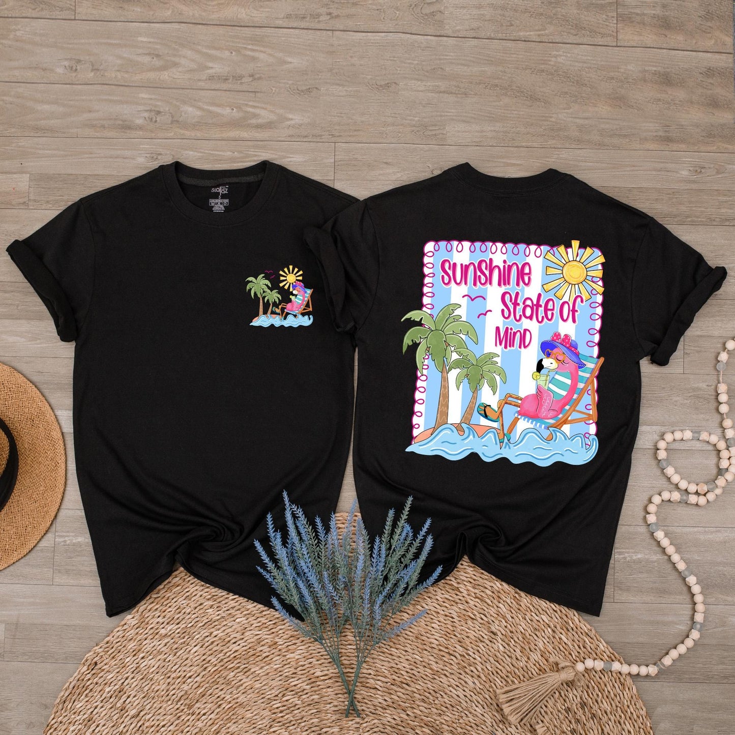 Trendy Retro Summer Sunshine State of Mind Shirt with Colorful Palm Trees and Flamingo Design for Beach Vibes and a Girly Coquette Style