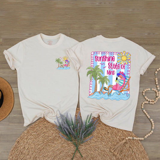 Trendy Retro Summer Sunshine State of Mind Shirt with Colorful Palm Trees and Flamingo Design for Beach Vibes and a Girly Coquette Style