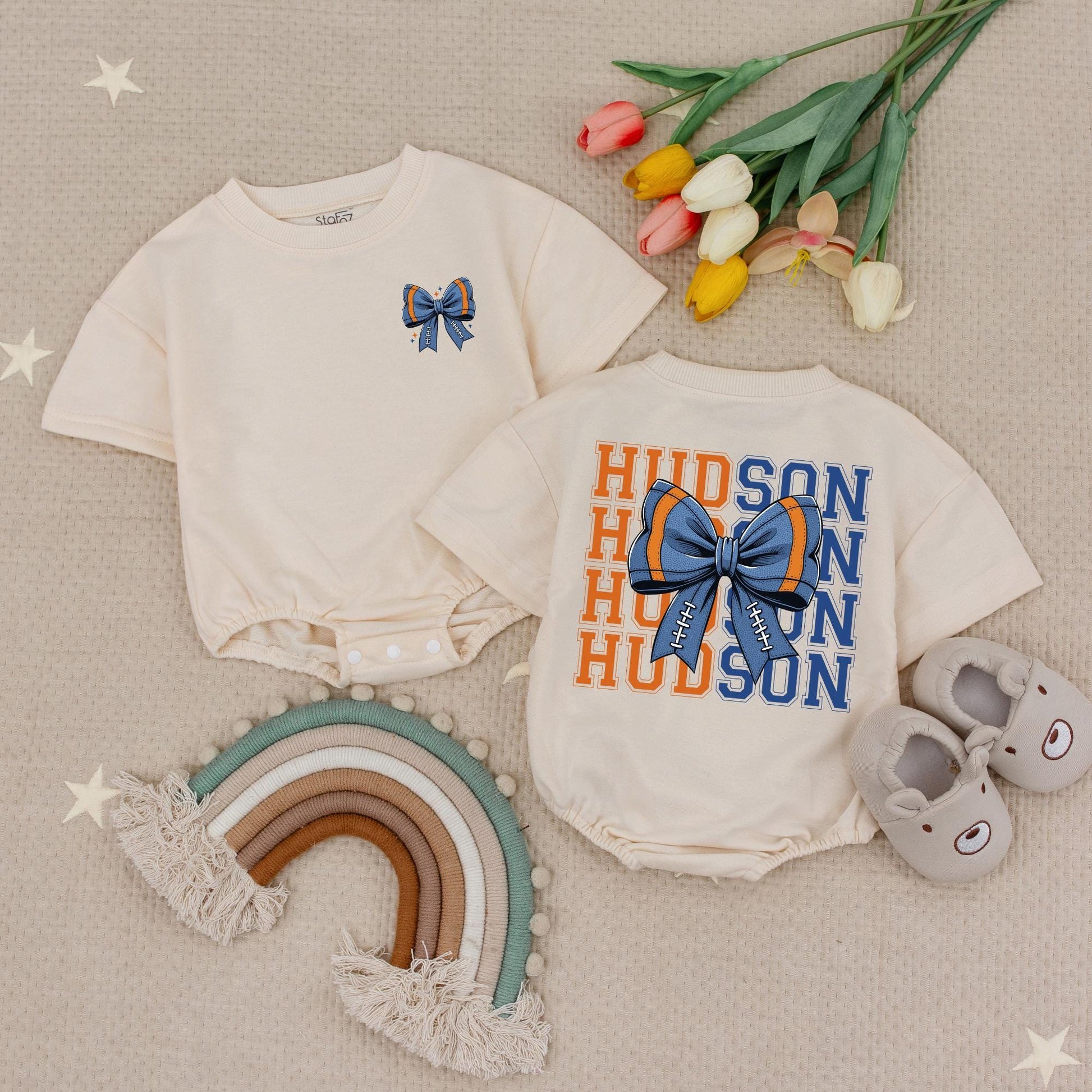 Personalized Hudson Football Bow Romper Baby Girl Outfit, Blue & Orange Game Day Toddler Shirt, Fall Football Season