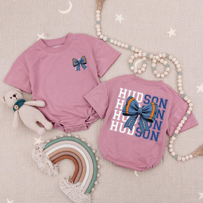 Personalized Hudson Football Bow Romper Baby Girl Outfit, Blue & Orange Game Day Toddler Shirt, Fall Football Season