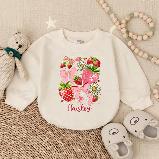Personalized Boho Strawberry Romper | Sweet Baby Girl Summer Outfit & Floral Strawberry Shower Gift