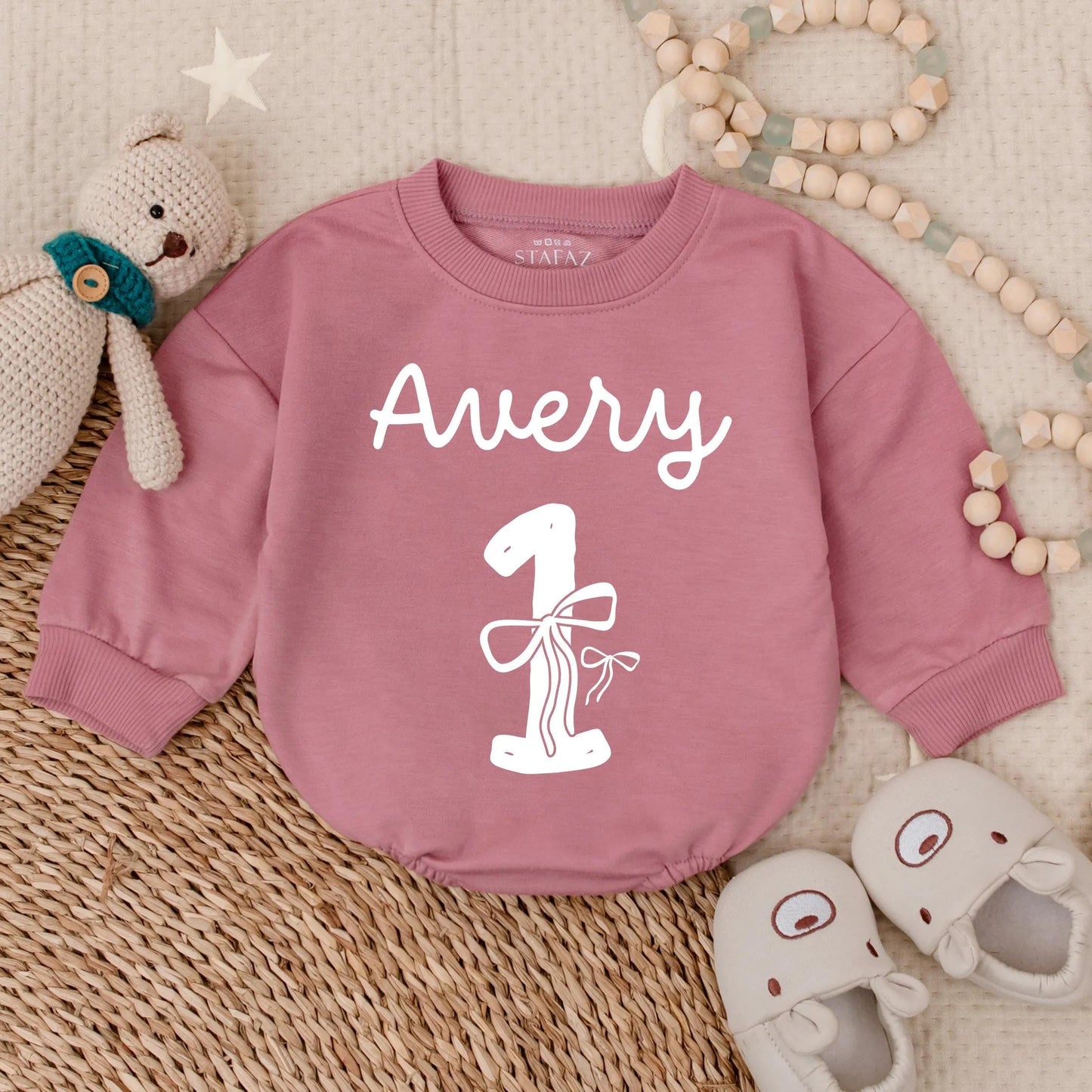Personalized First Birthday Girl Bow Bubble Romper Outfit Sweet Baby Girl 1st Birthday Celebration Gift Idea Toddler Clothes