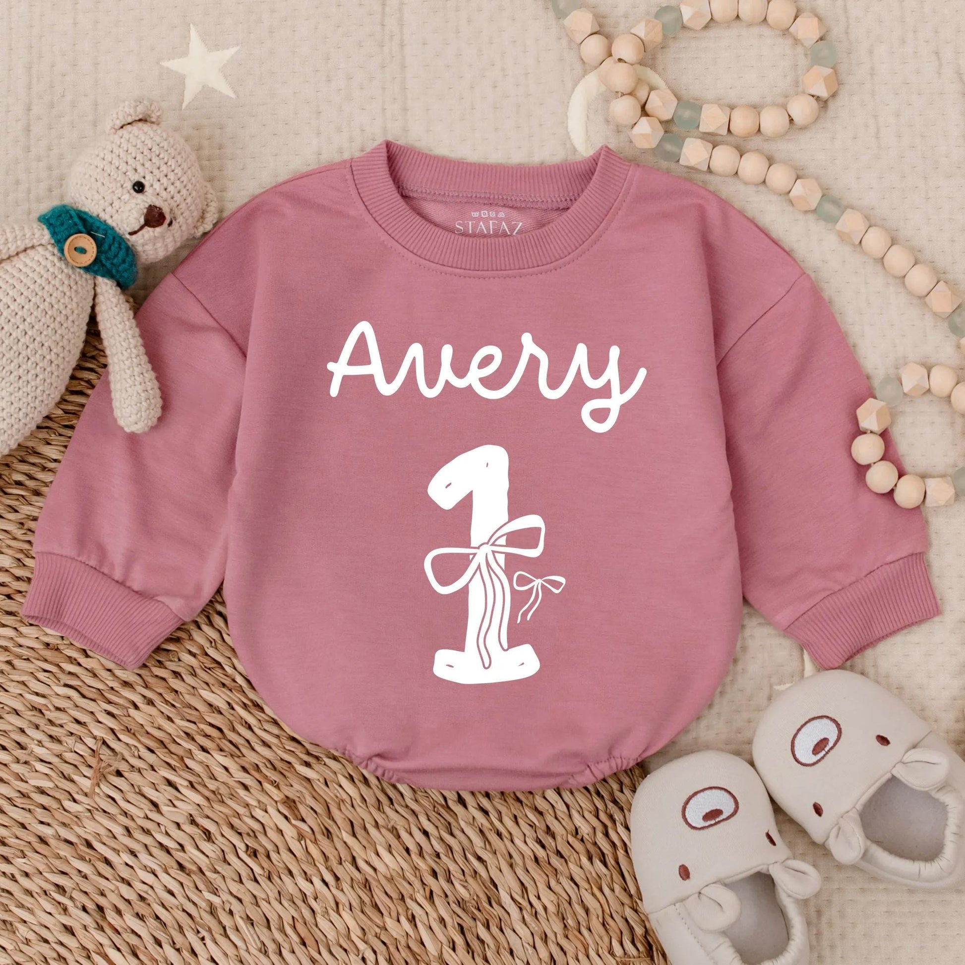 Personalized First Birthday Girl Bow Bubble Romper Outfit Sweet Baby Girl 1st Birthday Celebration Gift Idea Toddler Clothes