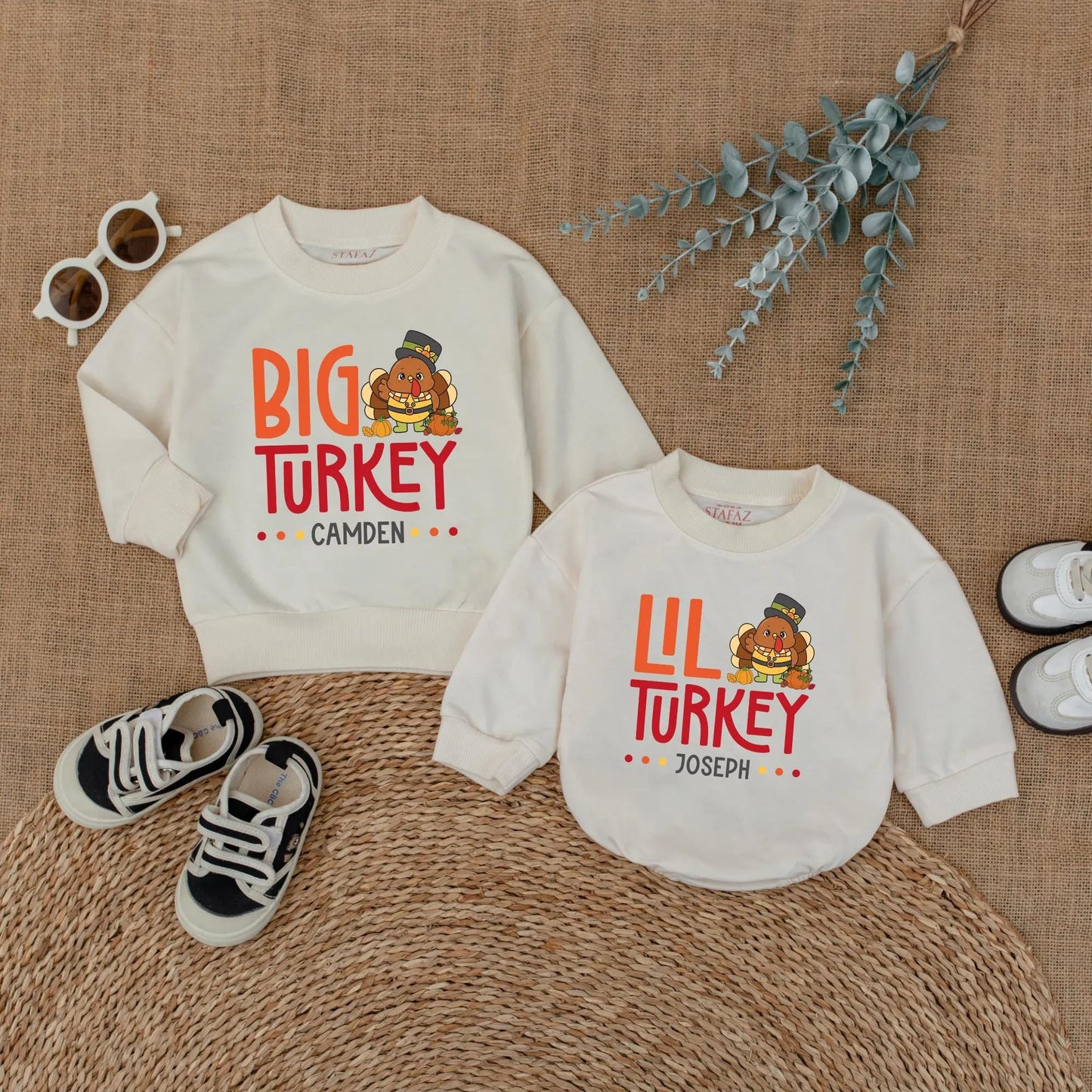 Big Turkey Little Turkey Matching Thanksgiving Shirts Custom Fall Family Outfits Personalized Baby Toddler Gobble Gobble