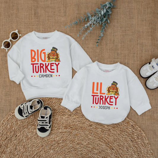 Big Turkey Little Turkey Matching Thanksgiving Shirts Custom Fall Family Outfits Personalized Baby Toddler Gobble Gobble