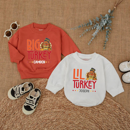Big Turkey Little Turkey Matching Thanksgiving Shirts Custom Fall Family Outfits Personalized Baby Toddler Gobble Gobble