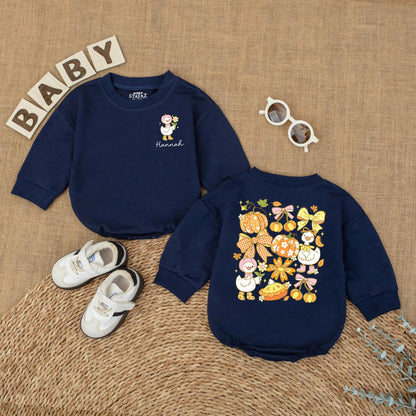 Personalized Baby Girl Fall Goose Romper with Custom Name for Autumn Pumpkin Season First Fall Outfit Newborn Bubble Bodysuit Gift Idea