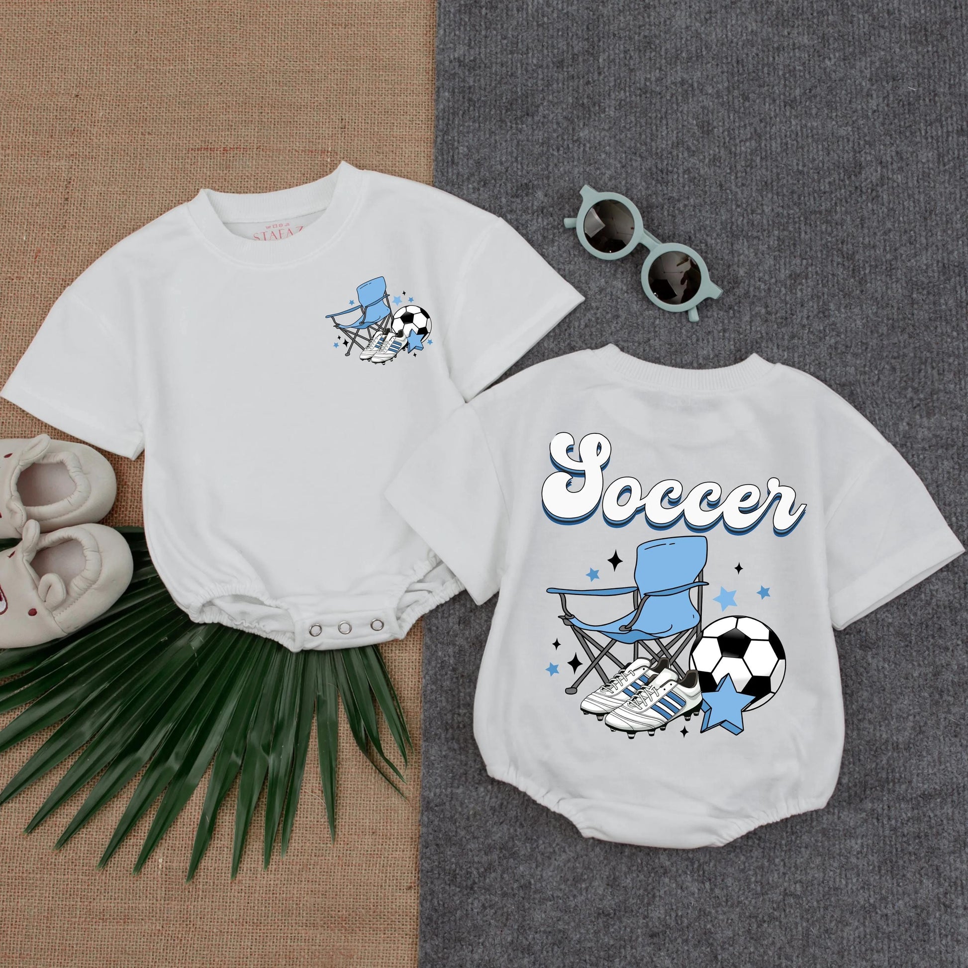Soccer Gameday Retro Bubble Romper Cute Baby & Toddler Outfit Black White Light Blue Funny Sports Gift