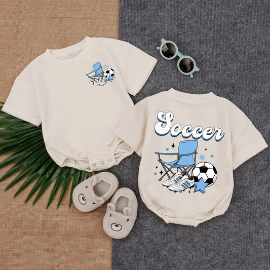 Soccer Gameday Retro Bubble Romper Cute Baby & Toddler Outfit Black White Light Blue Funny Sports Gift