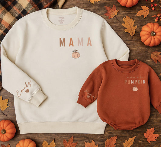 Mama Pumpkin Patch Sweatshirt: Matching Family Fall Outfits, Personalized Name Sleeve, Thanksgiving Gifts, Cute Mommy and Me Sweaters, Kids Shirts  