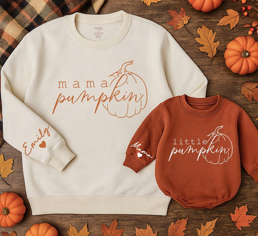 Retro Mama and Mini Pumpkin Sweatshirts Custom Name Sleeve Matching Family Fall Outfits Cozy Autumn Gift