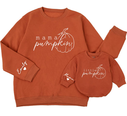 Retro Mama and Mini Pumpkin Sweatshirts Custom Name Sleeve Matching Family Fall Outfits Cozy Autumn Gift