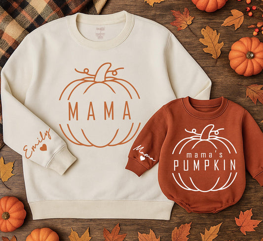 Mama & Mama's Pumpkin Matching Fall Sweatshirts - Personalized with Name & Heart, Mommy and Me Sweaters, Thanksgiving Outfit, Toddler & Kids Gifts (Emily)