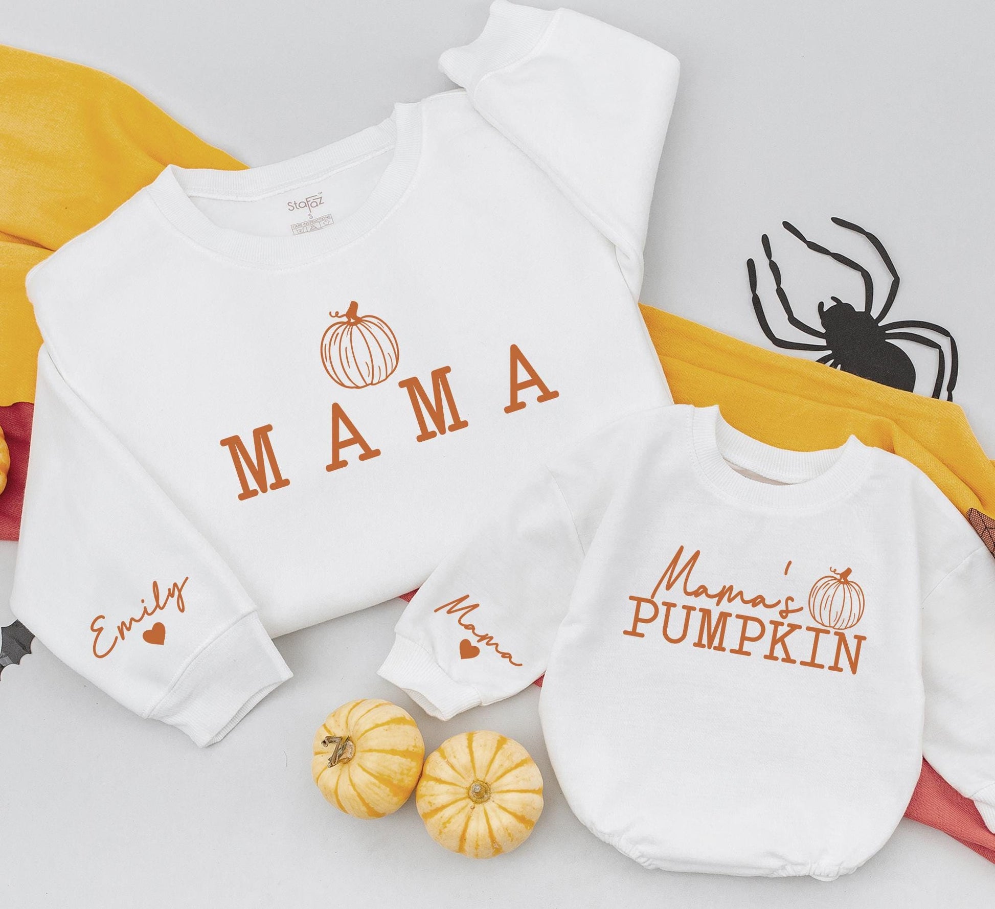 Matching Mama's Pumpkin Fall Sweatshirts Mommy and Me Outfits Mom and Baby Matching Fall Sweaters Custom Name on Sleeve Thanksgiving Gifts