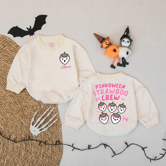 Strawberry Boo Crew Baby Romper Personalized Pinkoween Outfit Custom Name Halloween Baby Bodysuit