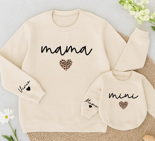 Personalized Mama and Mini Sweatshirt Vivie Name Leopard Heart Matching Family Outfits for Daughter Baby Girl Christmas