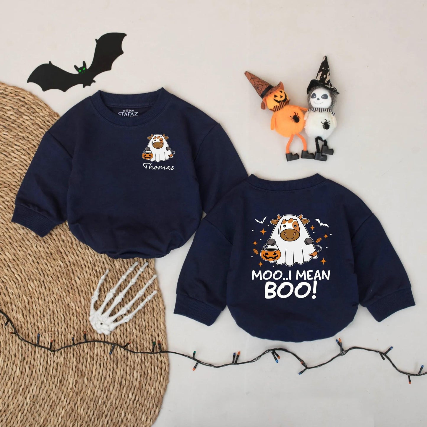 Personalized Moo I Mean Boo Halloween Baby Romper, Funny Cow Ghost Design Custom Name Infant Bodysuit, Cute Spooky Fall Outfit