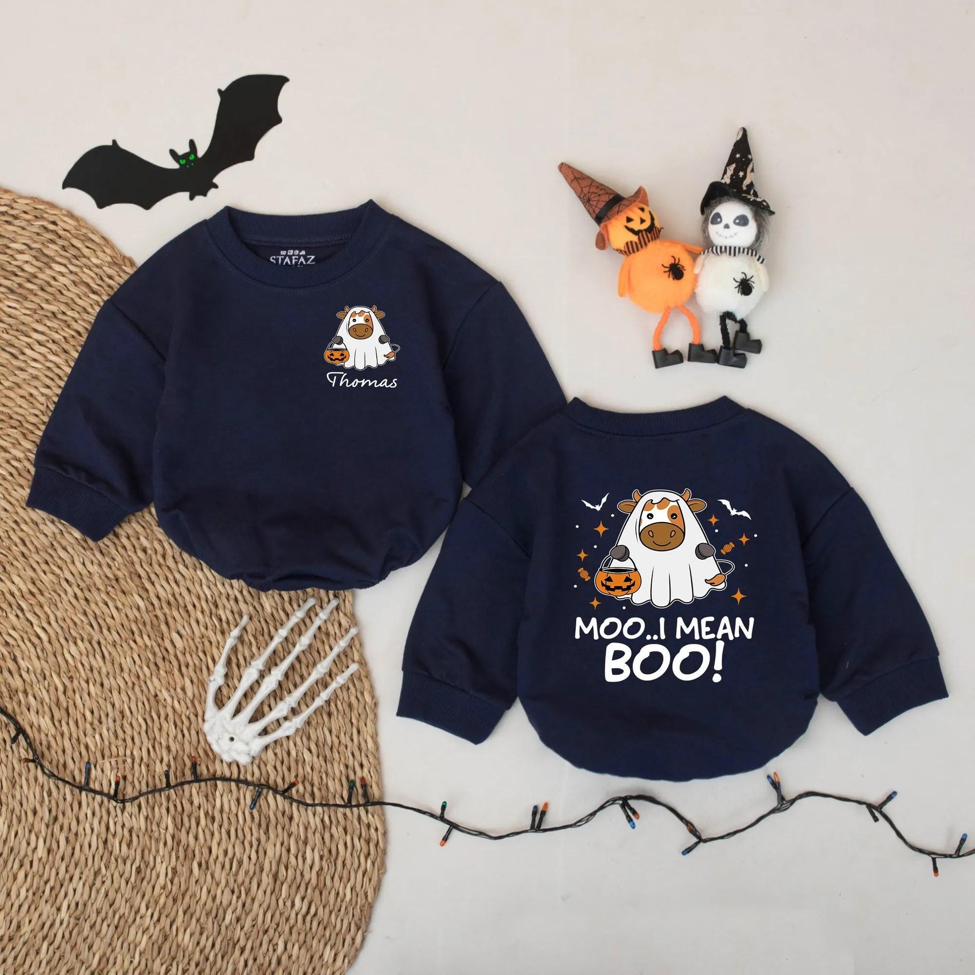 Personalized Moo I Mean Boo Halloween Baby Romper, Funny Cow Ghost Design Custom Name Infant Bodysuit, Cute Spooky Fall Outfit
