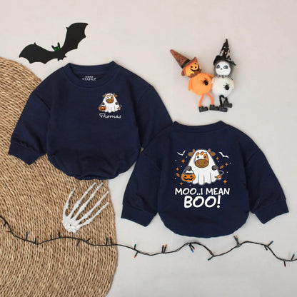 Personalized Moo I Mean Boo Halloween Baby Romper, Funny Cow Ghost Design Custom Name Infant Bodysuit, Cute Spooky Fall Outfit