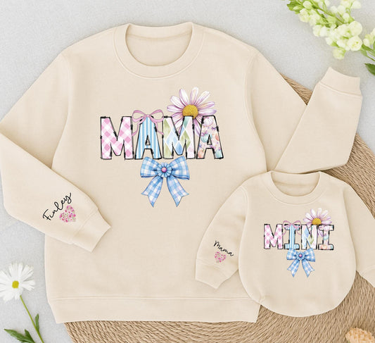 Personalized Mama & Mini Patchwork Sweatshirts Cute Daisy Gingham Bow Mommy and Me Matching Family Outfit Baby Girl Gift
