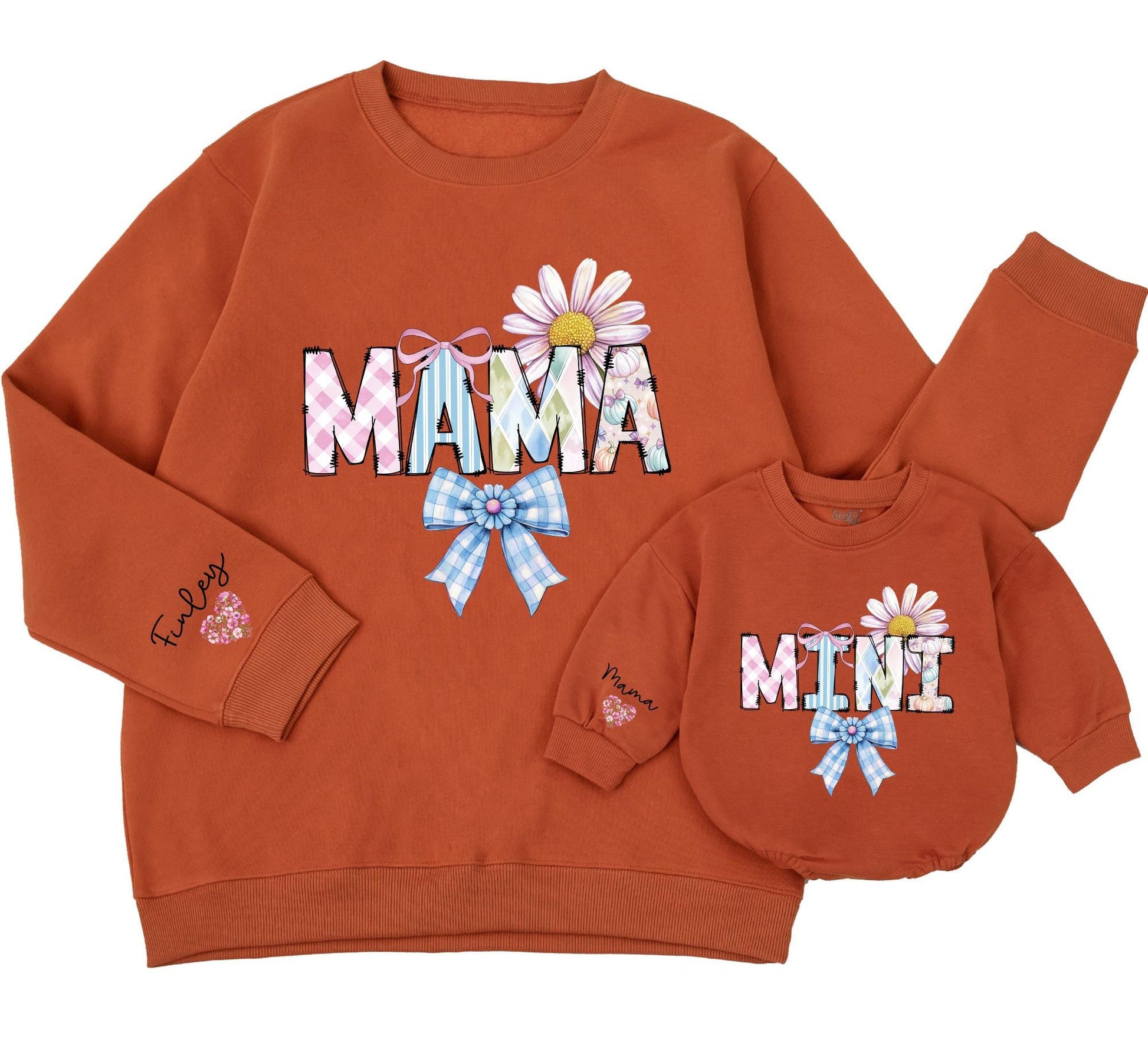Personalized Mama & Mini Patchwork Sweatshirts Cute Daisy Gingham Bow Mommy and Me Matching Family Outfit Baby Girl Gift