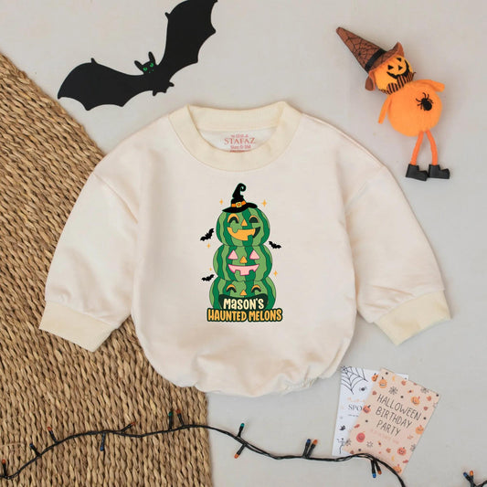Mason's Haunted Melons Baby Romper - Personalized Halloween Watermelon Pumpkin Outfit, Custom Name Bodysuit - Funny Spooky Season Baby Shower Gift