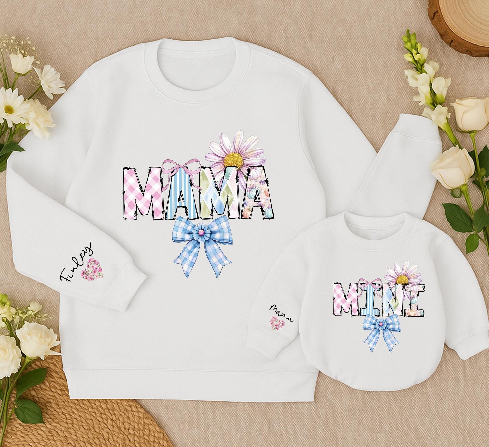 Personalized Mama & Mini Patchwork Sweatshirts Cute Daisy Gingham Bow Mommy and Me Matching Family Outfit Baby Girl Gift