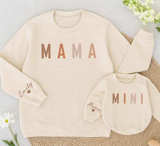 Personalized Mama Mini Brown Serif Matching Family Sweatshirts with Name Detail on Sleeve Perfect for Mom and Baby Girl Gifts