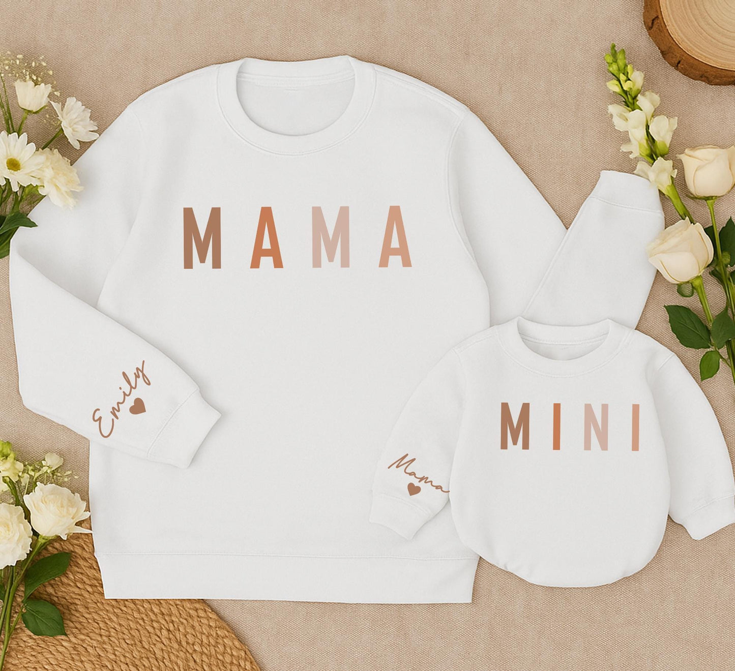 Personalized Mama Mini Brown Serif Matching Family Sweatshirts with Name Detail on Sleeve Perfect for Mom and Baby Girl Gifts