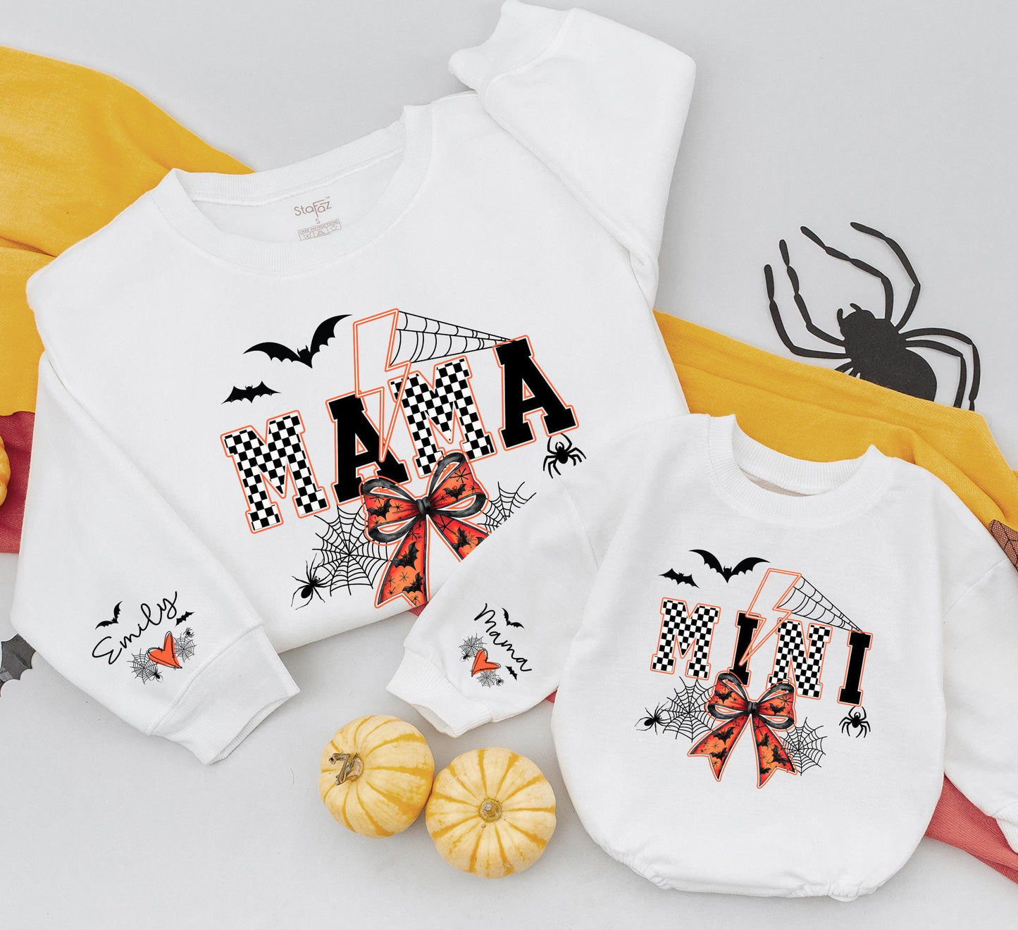 Mama and Mini Halloween Sweatshirt Set - Spooky Spiderweb Lightning Bolt Matching Outfits for Mommy and Me Party - Festive Fall Outfit 138