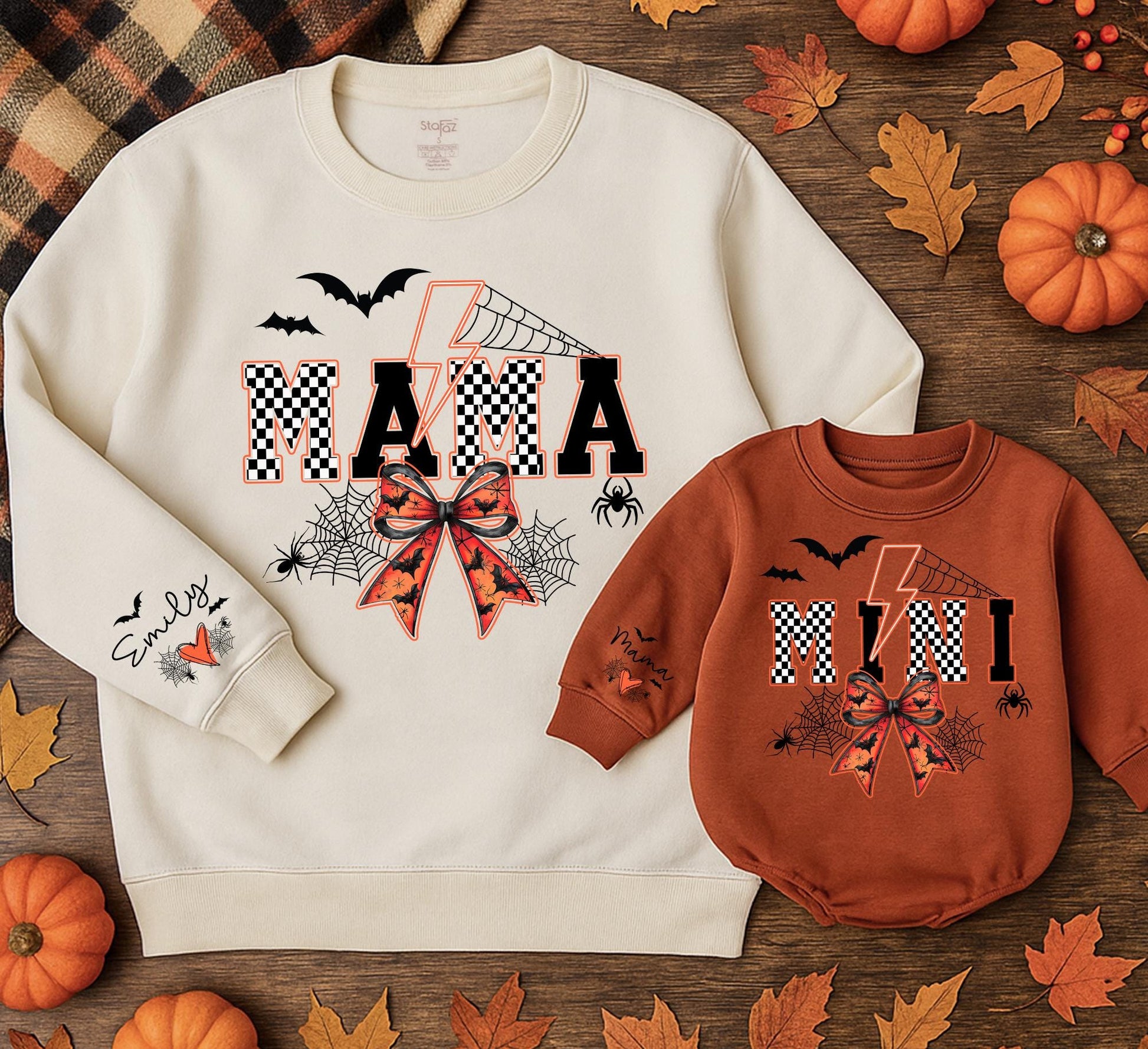 Mama and Mini Halloween Sweatshirt Set - Spooky Spiderweb Lightning Bolt Matching Outfits for Mommy and Me Party - Festive Fall Outfit 138