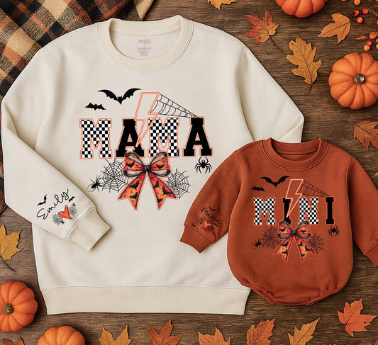Mama and Mini Halloween Sweatshirt Set - Spooky Spiderweb Lightning Bolt Matching Outfits for Mommy and Me Party - Festive Fall Outfit 138