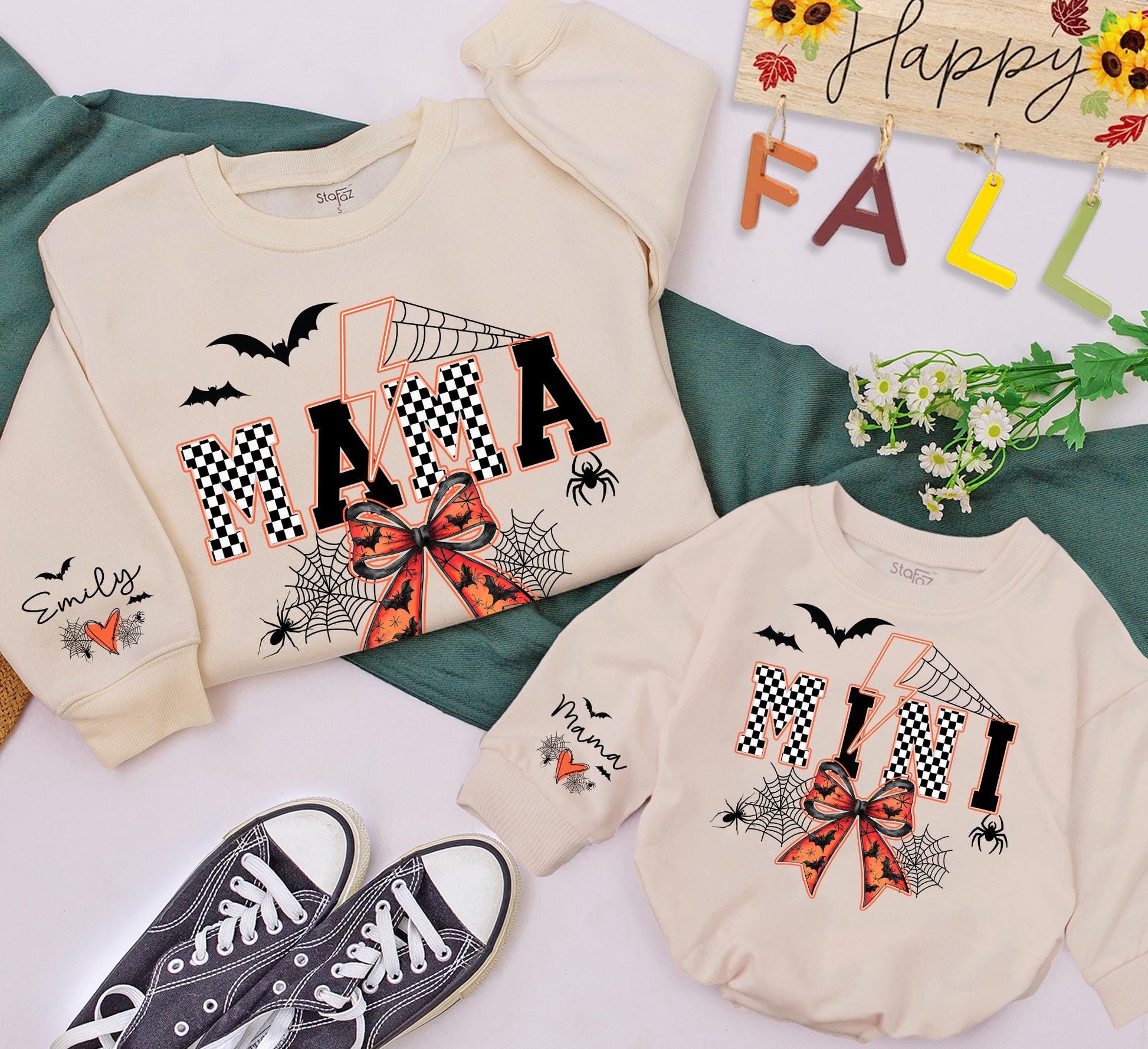 Mama and Mini Halloween Sweatshirt Set - Spooky Spiderweb Lightning Bolt Matching Outfits for Mommy and Me Party - Festive Fall Outfit 138