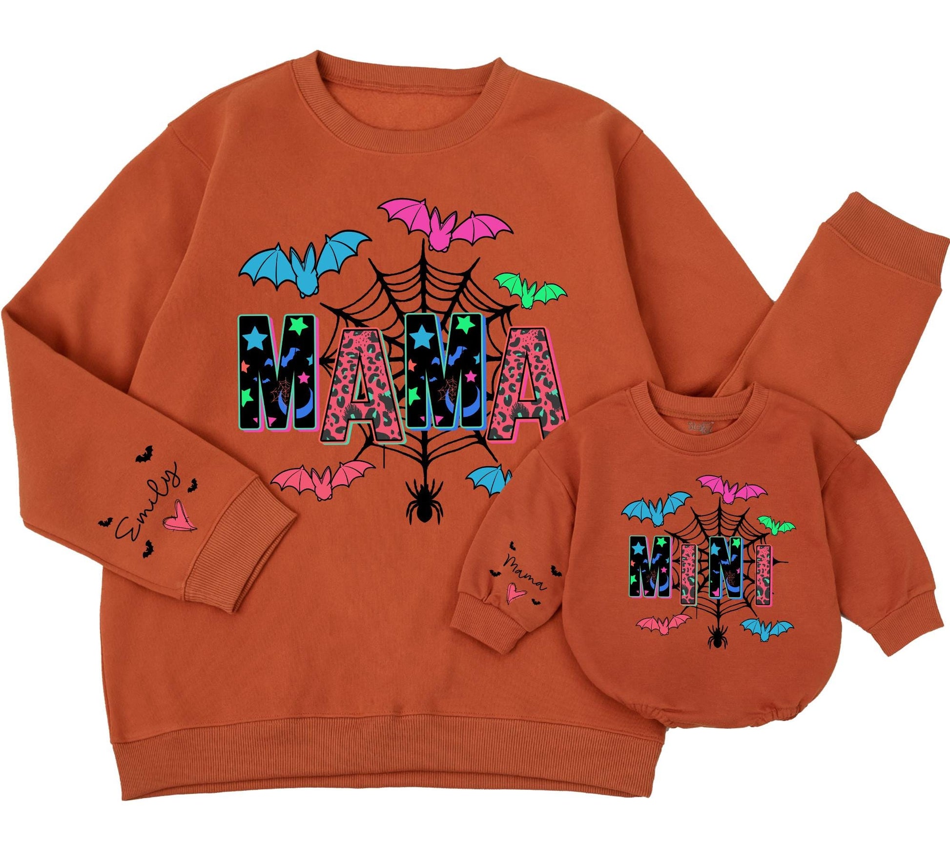 Mama and Mini Halloween Matching Sweatshirts Custom Sleeve Text Colorful Blue Pink Green Bats Black Spiderweb Fun Festive Family Gift