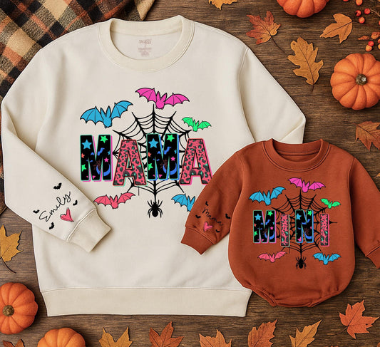 Mama and Mini Halloween Matching Sweatshirts Custom Sleeve Text Colorful Blue Pink Green Bats Black Spiderweb Fun Festive Family Gift