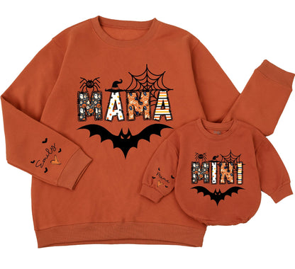 Matching Mommy and Me Halloween Sweatshirts Patchwork Mama Mini Design Festive Orange Black White Family Outfits Spider Bat Details for Gifts