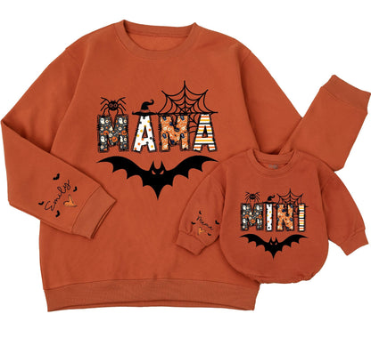 Mama & Mini Halloween Sweatshirts Spooky Spider Bat Witch Hat Orange Black Pattern Matching Family Outfits Gift