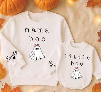Mama Boo & Mini Boo Halloween Sweatshirts Matching Set, Cute Ghost Family Outfits, Personalized Name Sleeve, Retro Holiday Gift, Mommy and Me, Fall Comfort (138)