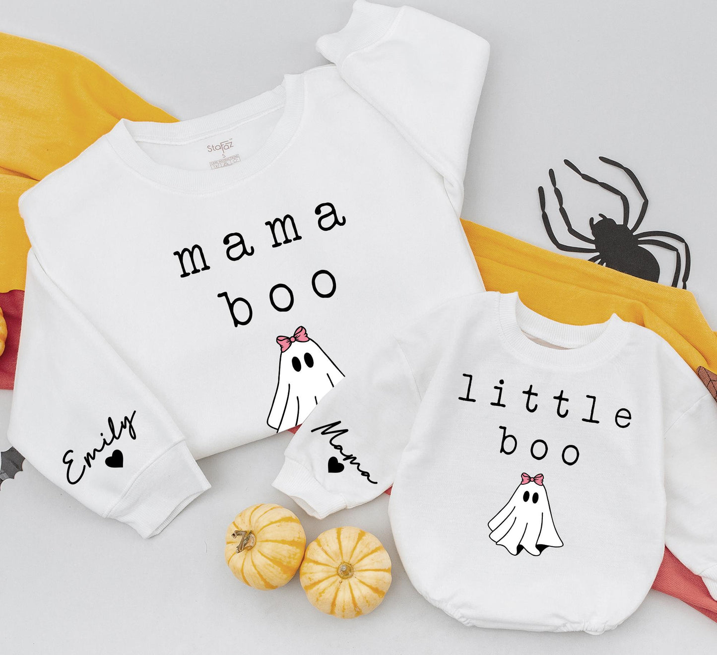 Mama Boo & Mini Boo Halloween Sweatshirts Matching Set, Cute Ghost Family Outfits, Personalized Name Sleeve, Retro Holiday Gift, Mommy and Me, Fall Comfort (138)