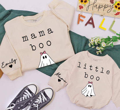 Mama Boo & Mini Boo Halloween Sweatshirts Matching Set, Cute Ghost Family Outfits, Personalized Name Sleeve, Retro Holiday Gift, Mommy and Me, Fall Comfort (138)