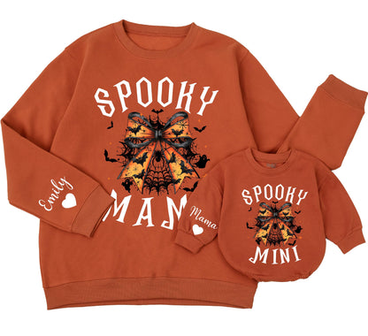 Spooky Mama and Mini Halloween Sweatshirts: Bat Bow Family Matching Sweaters, Cute Fall Outfit, Personalized Name Sleeve, Festive Spooky Season Gift Idea (139)