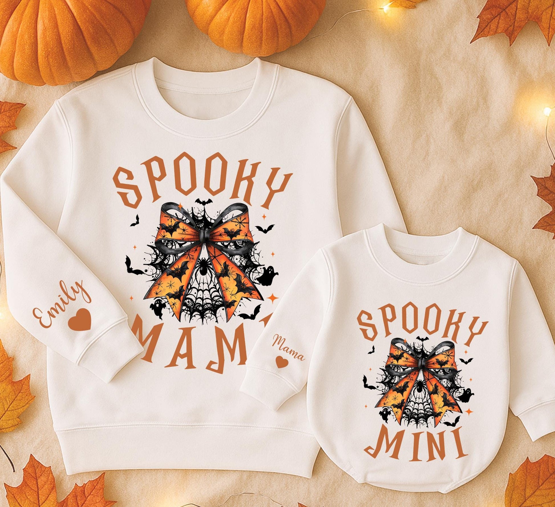 Spooky Mama and Mini Halloween Sweatshirts: Bat Bow Family Matching Sweaters, Cute Fall Outfit, Personalized Name Sleeve, Festive Spooky Season Gift Idea (139)