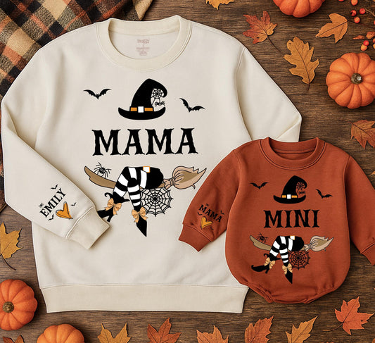 Custom Mommy and Me Witchy Halloween Sweatshirts Baby Rompers with Mama Mini Bold Text Witch Hat Spiderweb Broom Bats Orange Design Personalized Sleeve