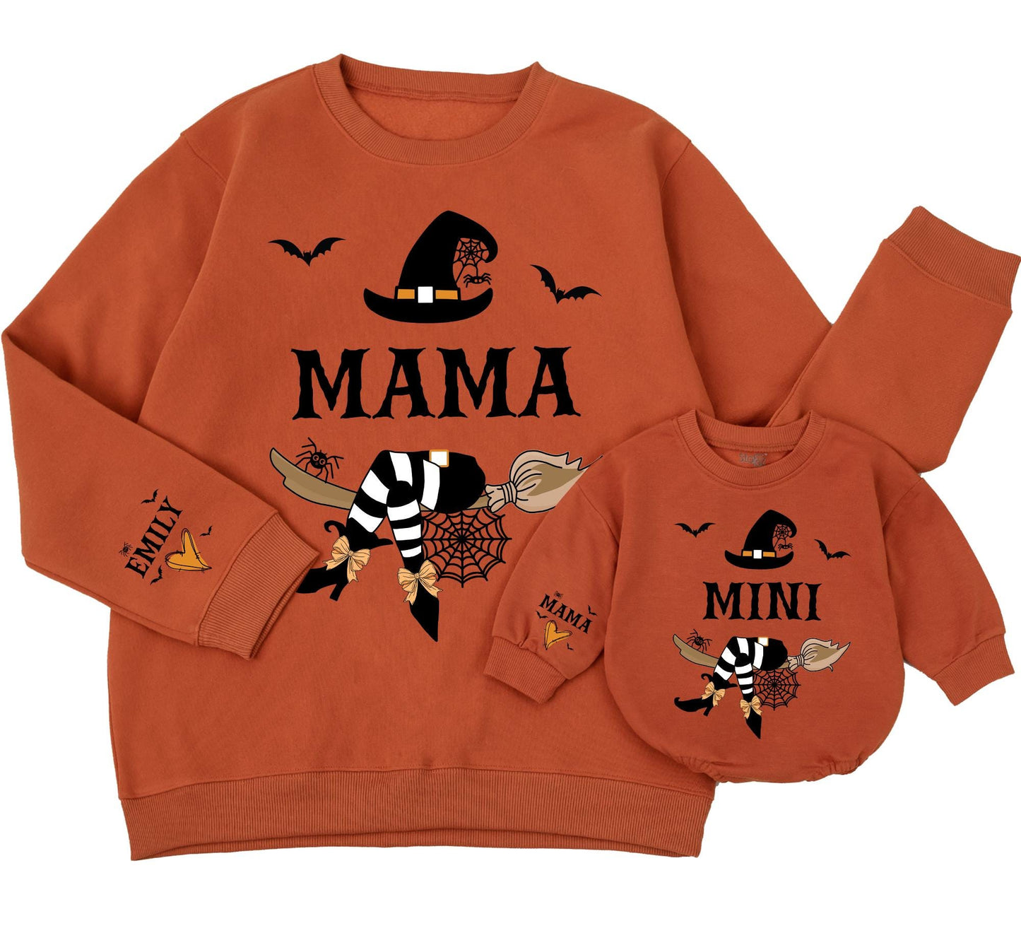 Custom Mommy and Me Witchy Halloween Sweatshirts Baby Rompers with Mama Mini Bold Text Witch Hat Spiderweb Broom Bats Orange Design Personalized Sleeve