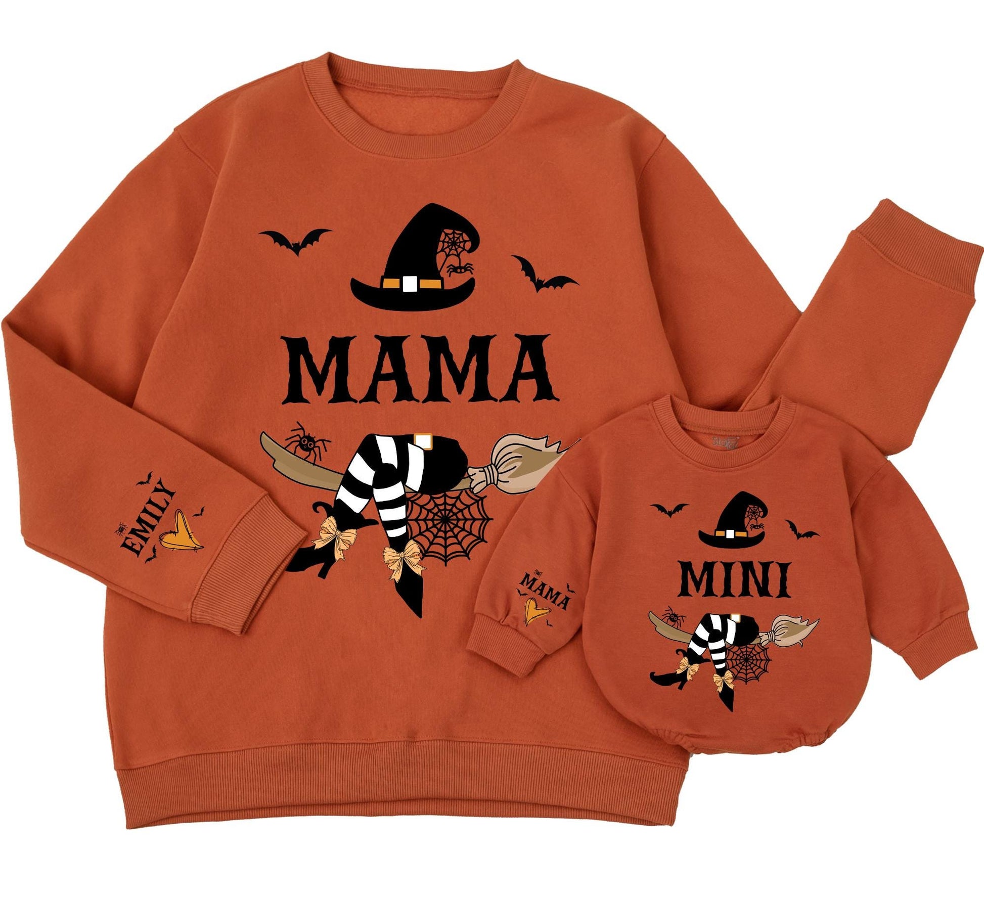 Custom Mommy and Me Witchy Halloween Sweatshirts Baby Rompers with Mama Mini Bold Text Witch Hat Spiderweb Broom Bats Orange Design Personalized Sleeve