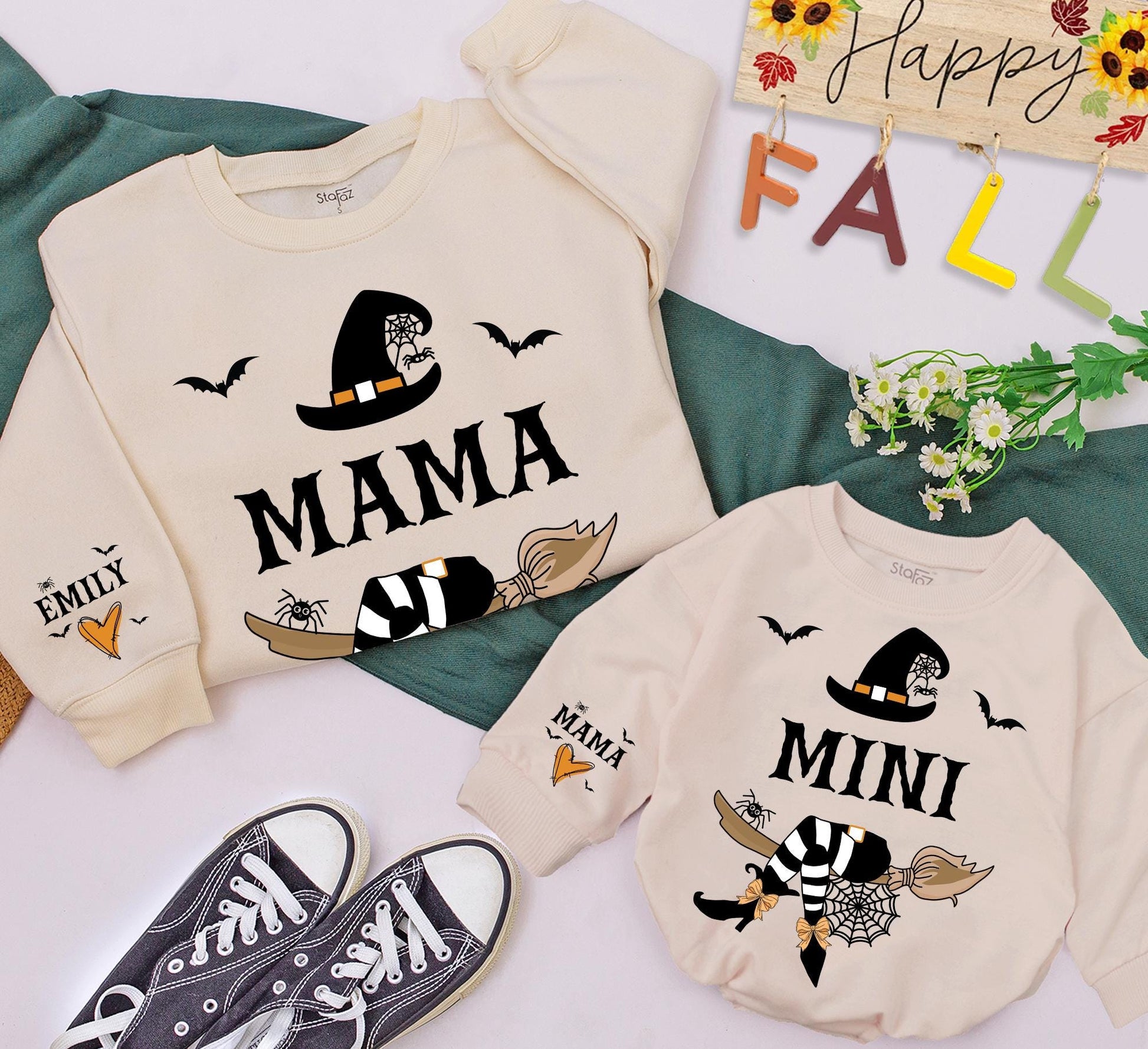 Custom Mommy and Me Witchy Halloween Sweatshirts Baby Rompers with Mama Mini Bold Text Witch Hat Spiderweb Broom Bats Orange Design Personalized Sleeve