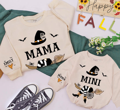 Custom Mommy and Me Witchy Halloween Sweatshirts Baby Rompers with Mama Mini Bold Text Witch Hat Spiderweb Broom Bats Orange Design Personalized Sleeve
