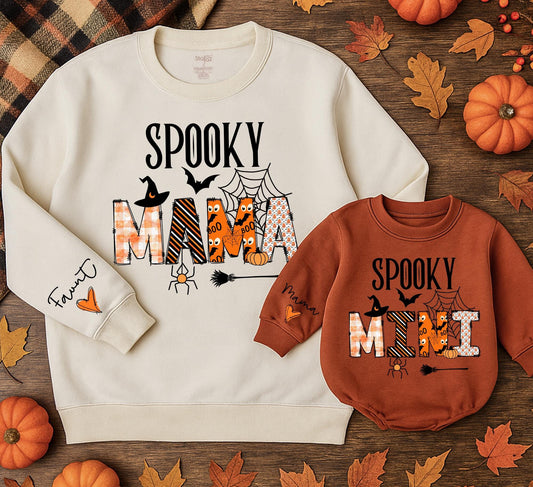 Spooky Mama & Mini Halloween Sweatshirts Family Matching Outfits, Orange Plaid & Pumpkin Design, Cozy Fall Gift for Mom & Baby