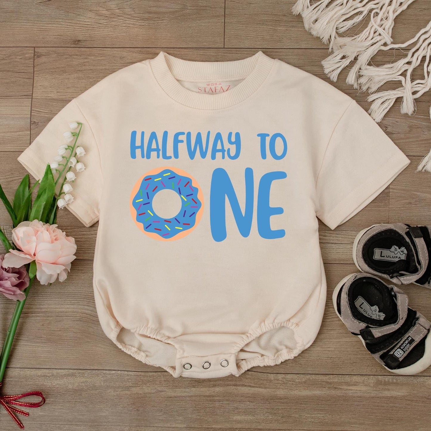 Half Way to One Donut Birthday Romper for Boys Adorable Donut Theme Outfit for 1/2 Birthday Celebrations and Baby Shower Gifts
