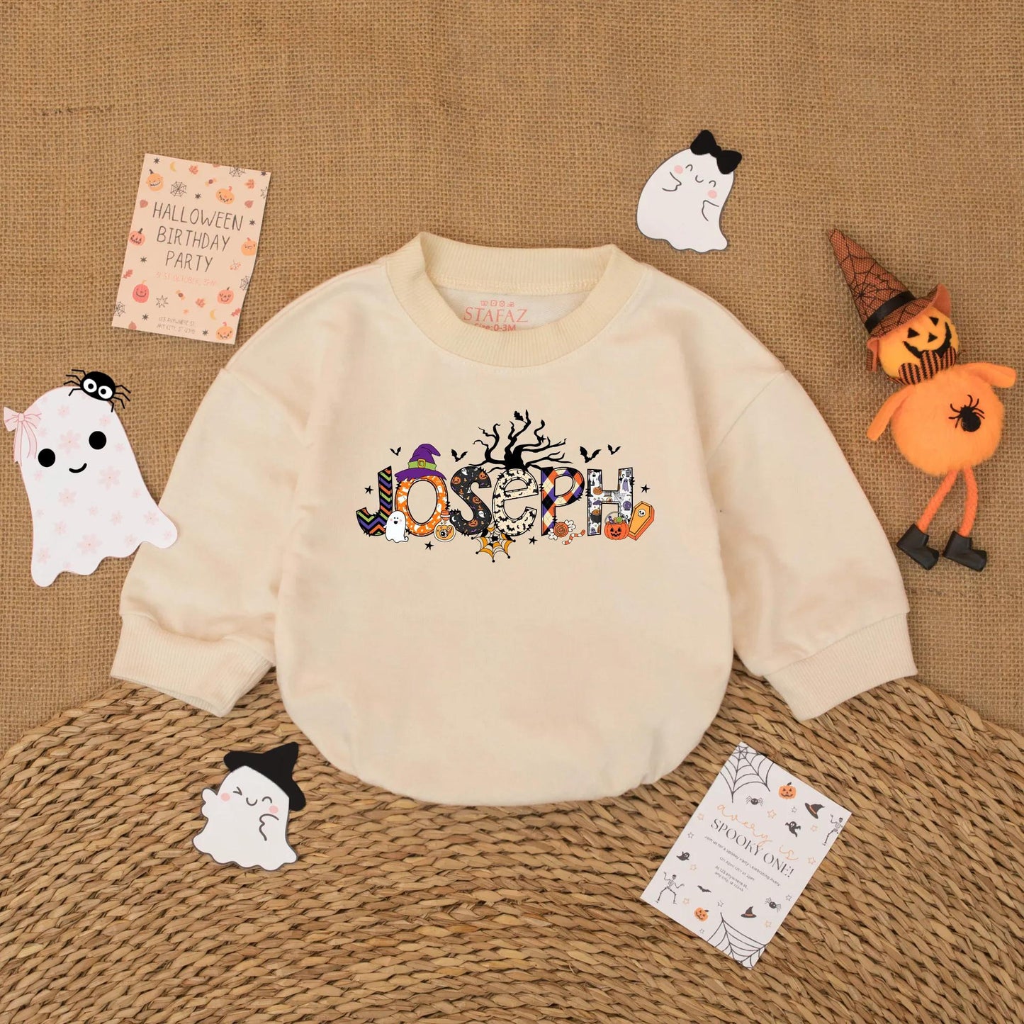 Personalized JOSEPH Halloween Baby Romper | Spooky Fall Outfit for Baby Boy or Girl | Custom Name Pumpkin & Ghost Design Baby's First Halloween